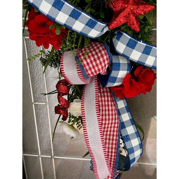 Patriotic Swag Wreath For Front Door, Red White and Blue With USA Flag Sign - Picture 3 of 6